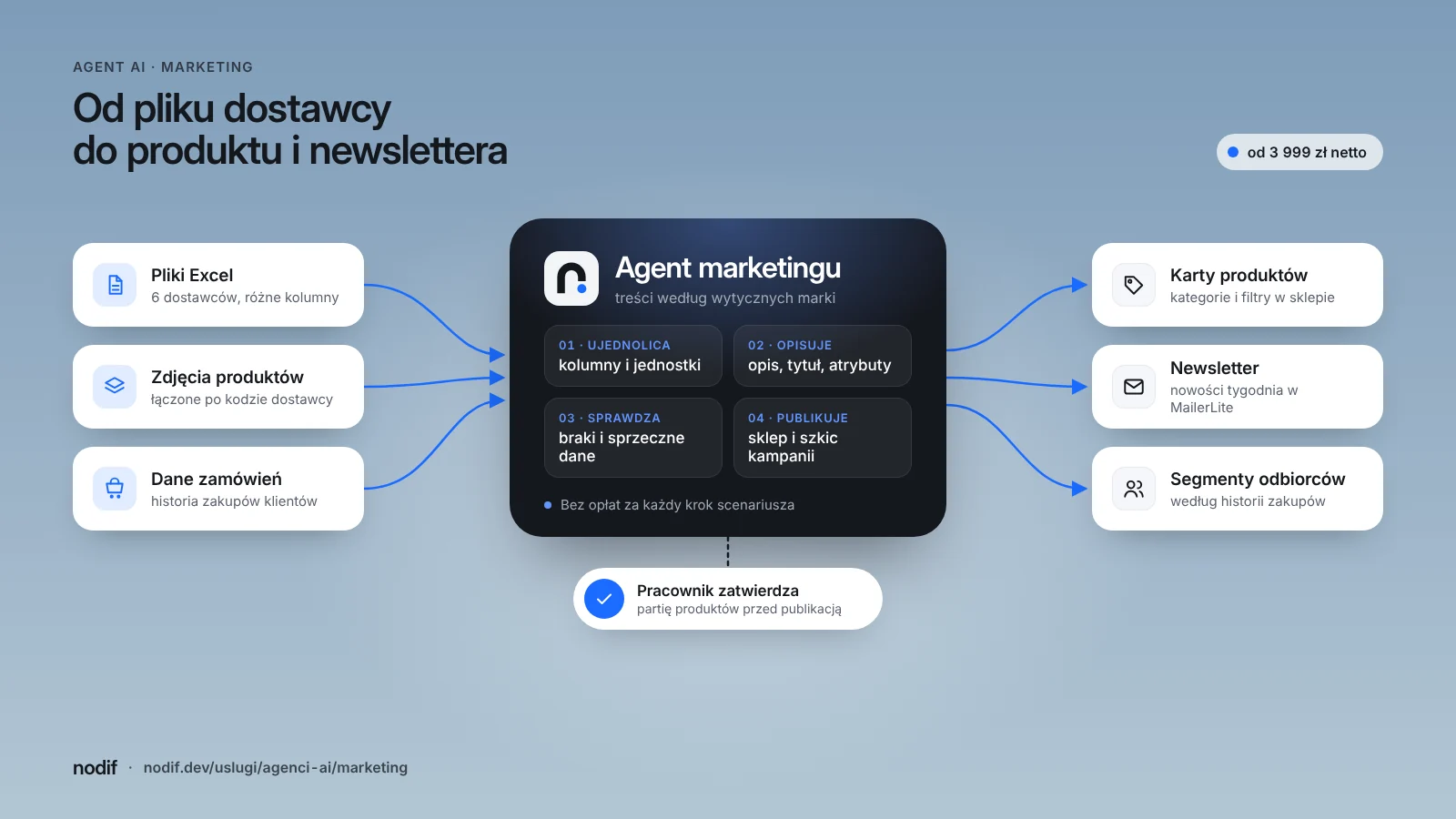 Automatyzacja marketingu z AI: pliki Excel od dostawców zamieniane w opisy i karty produktów, a nowości przekazywane do newslettera i segmentów w MailerLite